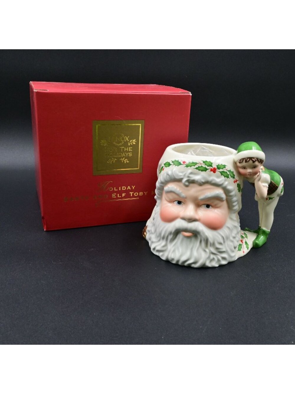 Lenox Holiday Santa and Elf Toby Mug Figural Christmas Coffee Cup Porcelain Box